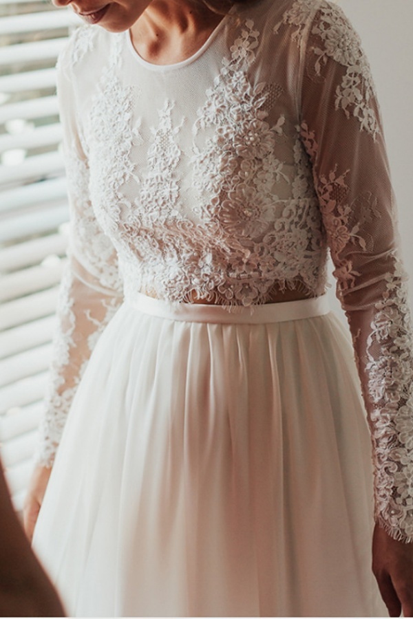 Two Piece Long A-line Jewel Neck Chiffon Lace Boho Wedding Dresses with Sleeves