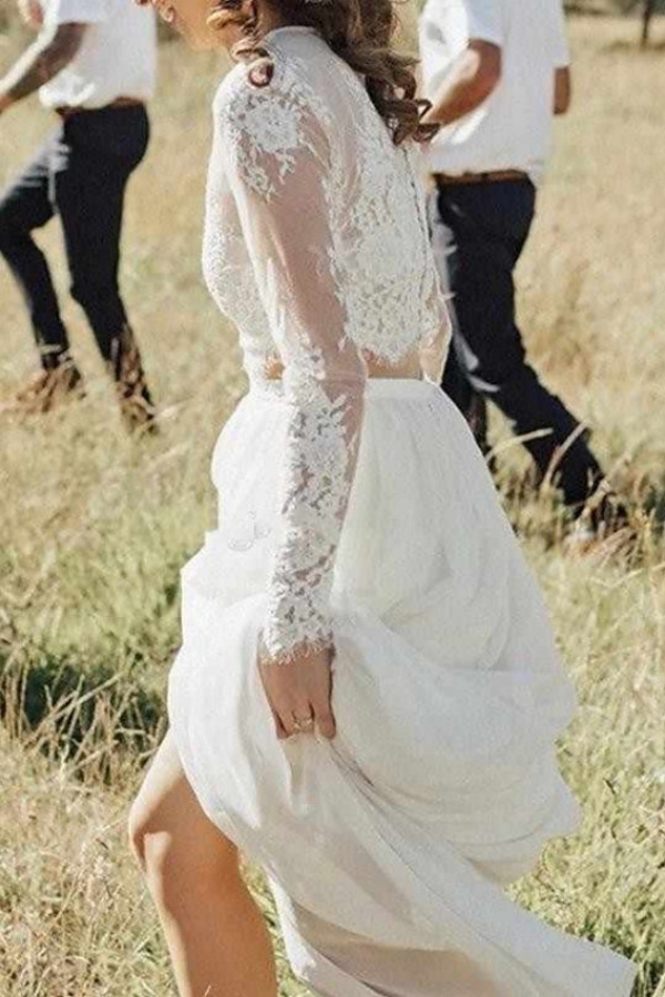 Two Piece Long A-line Jewel Neck Chiffon Lace Boho Wedding Dresses with Sleeves