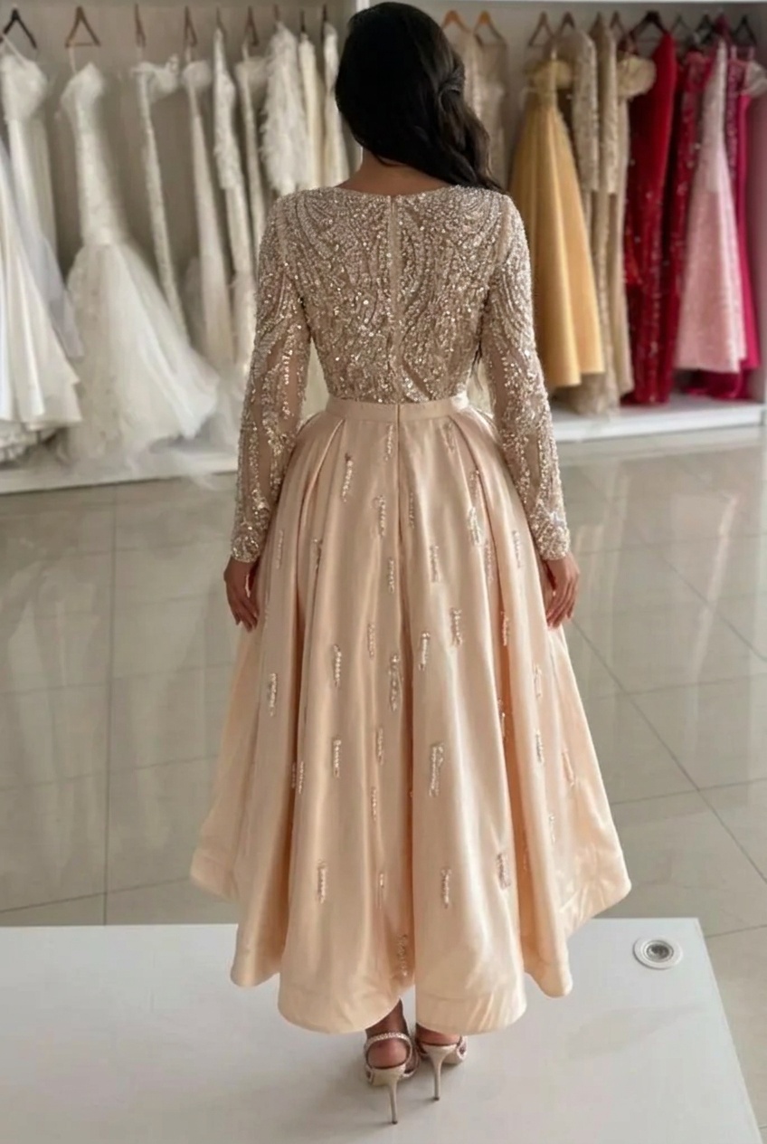 V Neck A Line Short Beaded Party Dress with Long Sleeves