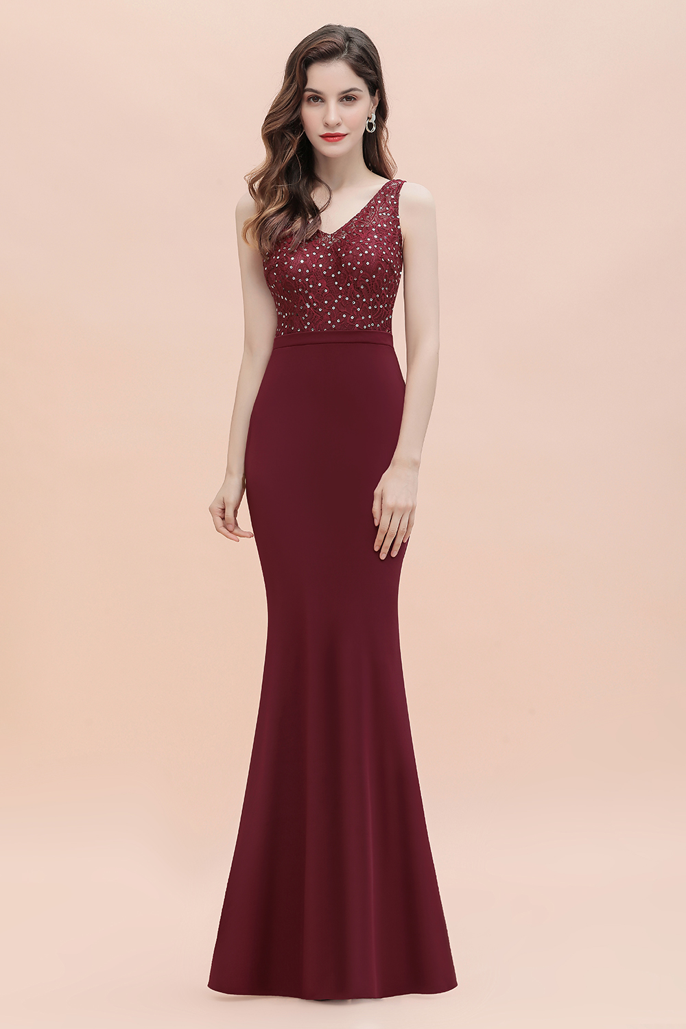 V-Neck Mermaid Evening Dress Sequins Chiffon Long Bridesmaid Dresses