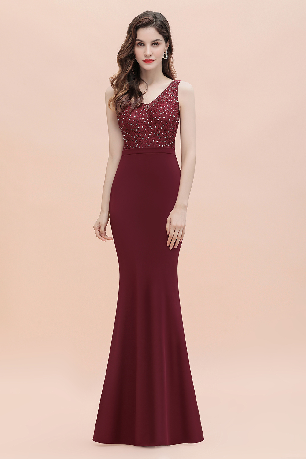 V-Neck Mermaid Evening Dress Sequins Chiffon Long Bridesmaid Dresses