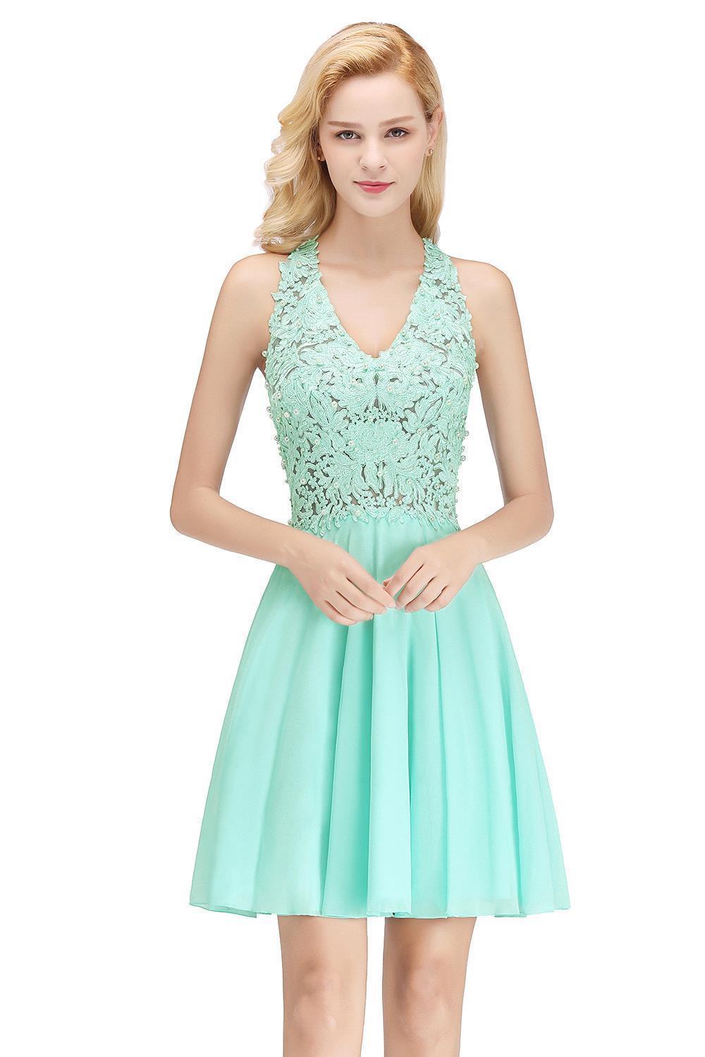 V-Neck Short Lace A-Line Sleeveless Bridesmaid Dress