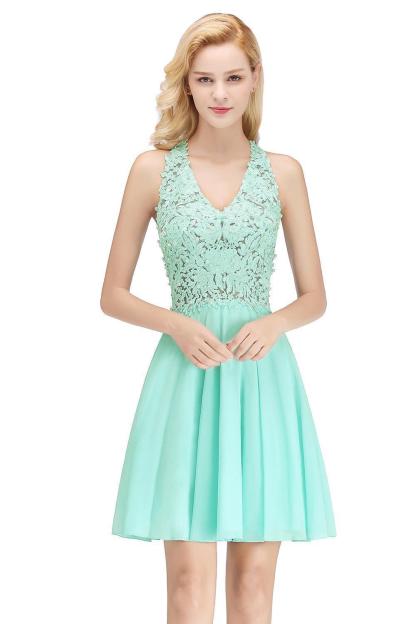 V-Neck Short Lace A-Line Sleeveless Bridesmaid Dress