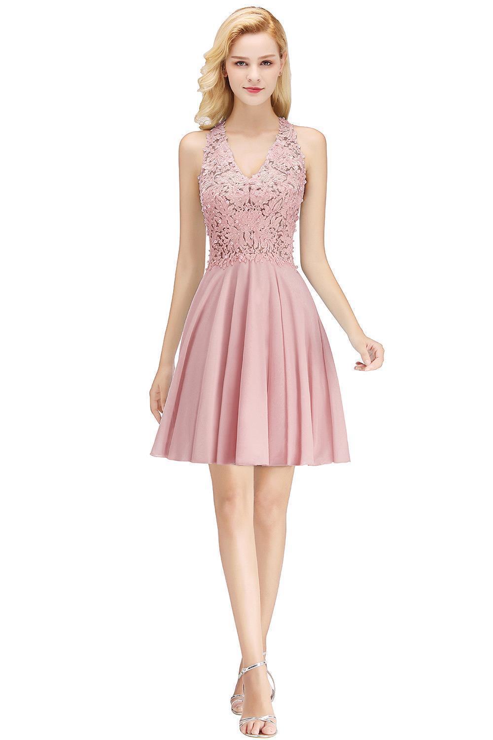 V-Neck Short Lace A-Line Sleeveless Bridesmaid Dress