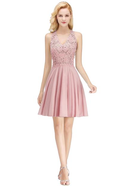 V-Neck Short Lace A-Line Sleeveless Bridesmaid Dress