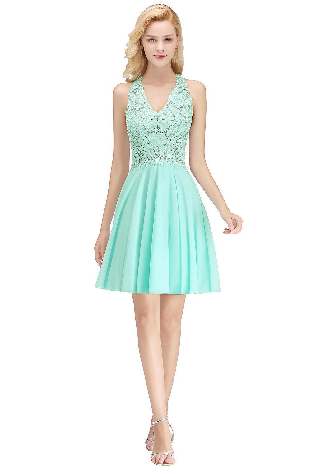 V-Neck Short Lace A-Line Sleeveless Bridesmaid Dress