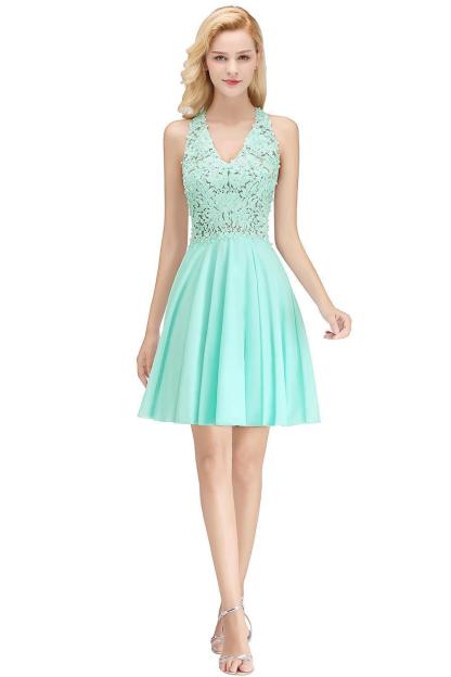 V-Neck Short Lace A-Line Sleeveless Bridesmaid Dress