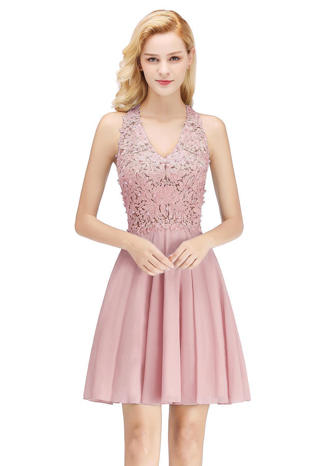 V-Neck Short Lace A-Line Sleeveless Bridesmaid Dress
