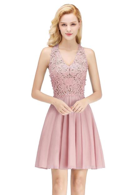 V-Neck Short Lace A-Line Sleeveless Bridesmaid Dress