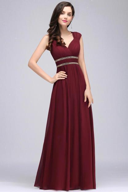 Vintage A-Line Chiffon V-Neck Cap Sleeve Ruffles Floor-Length Bridesmaid Dresses with Beadings
