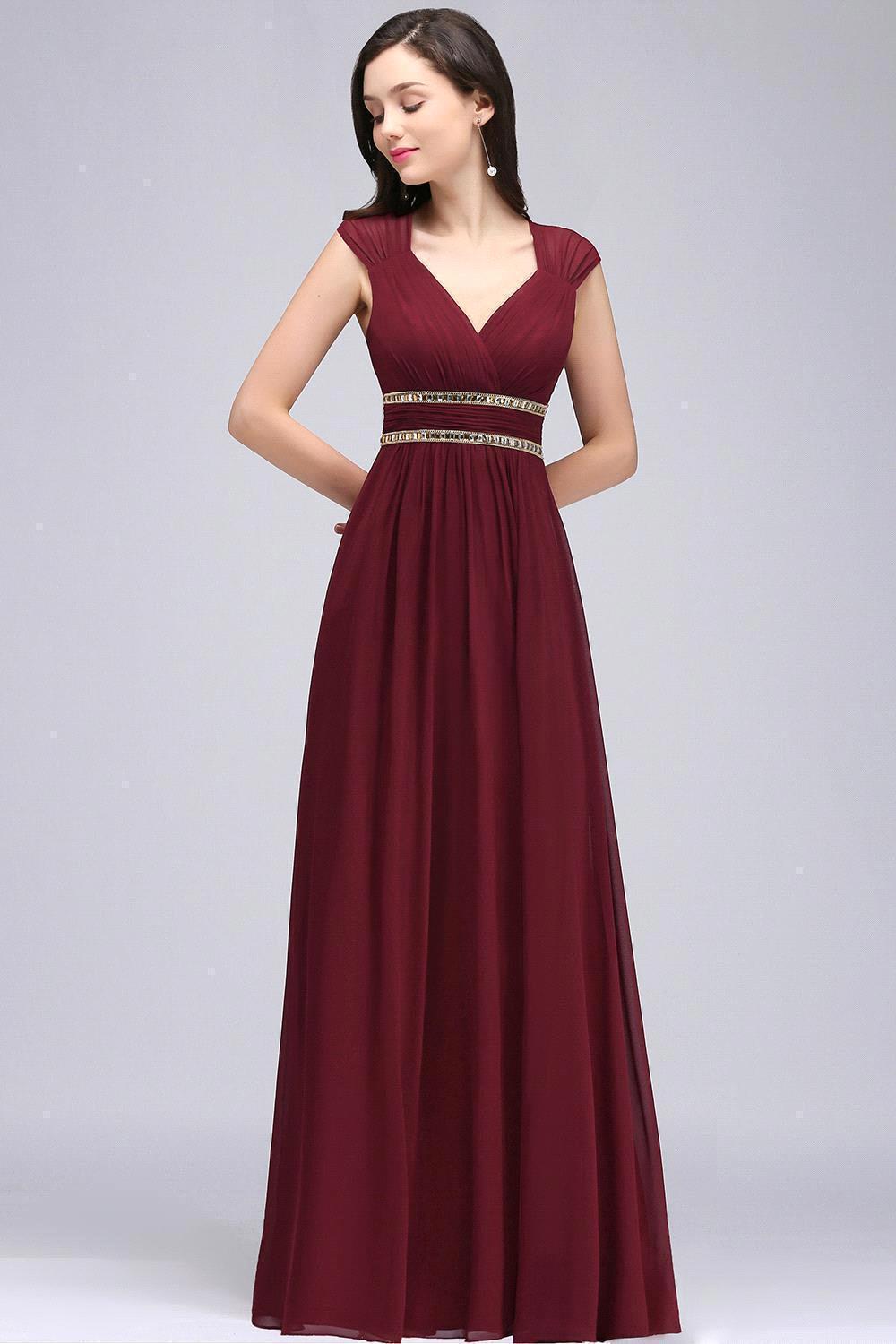 Vintage A-Line Chiffon V-Neck Cap Sleeve Ruffles Floor-Length Bridesmaid Dresses with Beadings