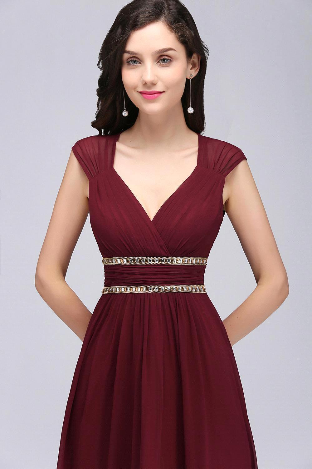 Vintage A-Line Chiffon V-Neck Cap Sleeve Ruffles Floor-Length Bridesmaid Dresses with Beadings