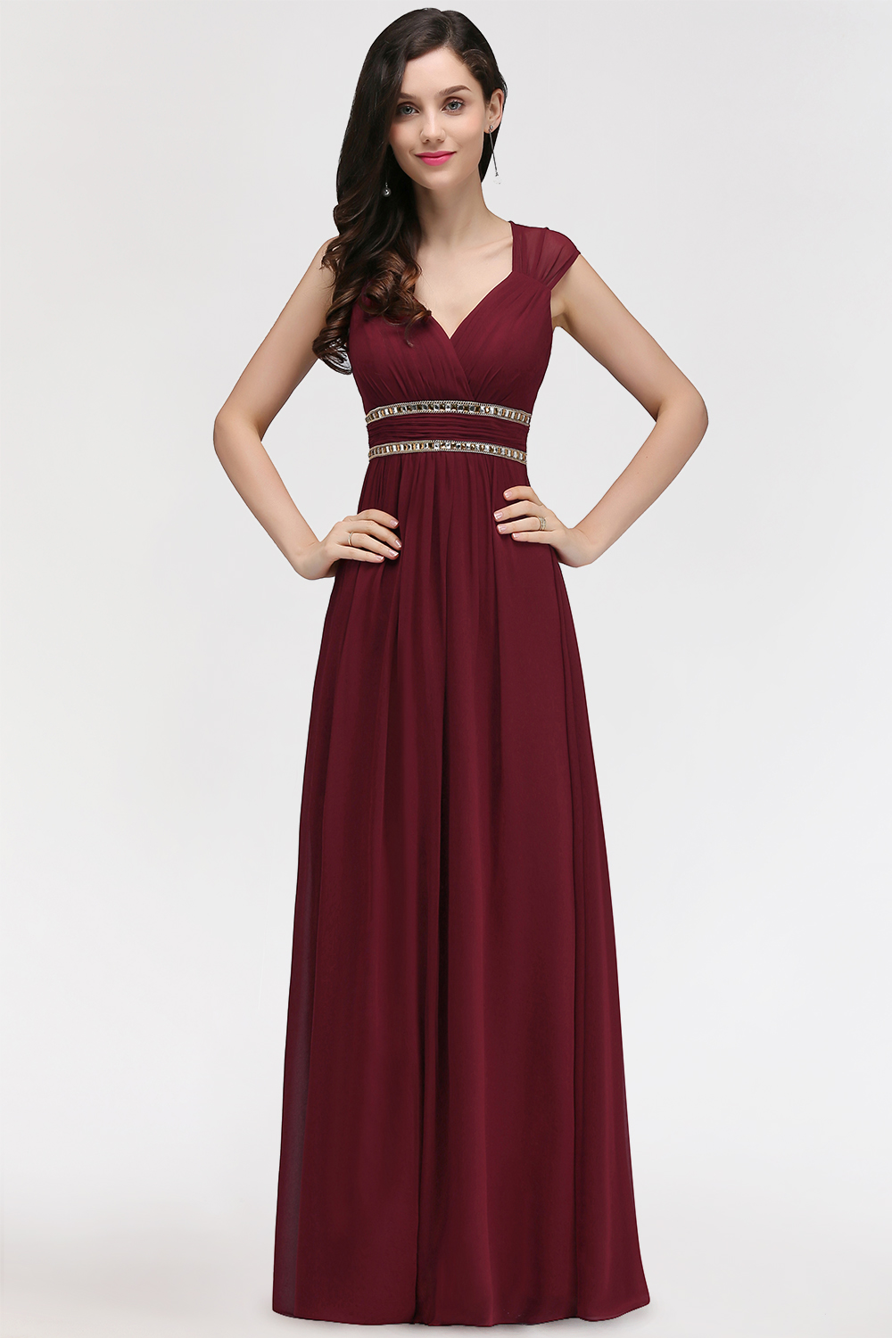 Vintage A-Line Chiffon V-Neck Cap Sleeve Ruffles Floor-Length Bridesmaid Dresses with Beadings
