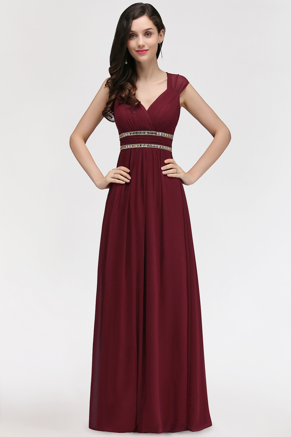 Vintage A-Line Chiffon V-Neck Cap Sleeve Ruffles Floor-Length Bridesmaid Dresses with Beadings