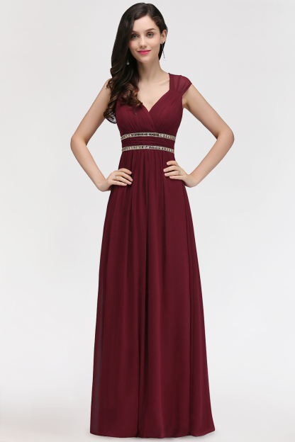 Vintage A-Line Chiffon V-Neck Cap Sleeve Ruffles Floor-Length Bridesmaid Dresses with Beadings