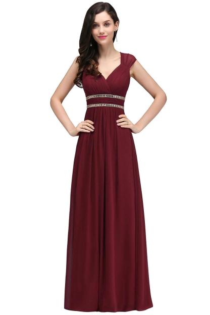 Vintage A-Line Chiffon V-Neck Cap Sleeve Ruffles Floor-Length Bridesmaid Dresses with Beadings