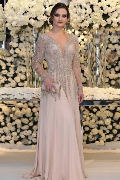 Long Sleeve Floor Length Mermaid Mother Of Bride Dress With Beading