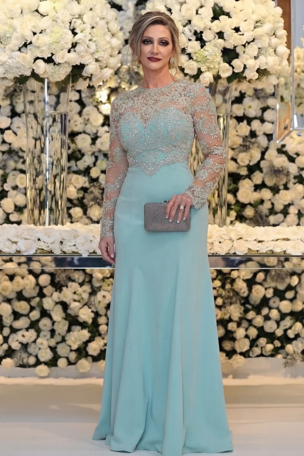 Long Sleeve Floor Length Mermaid Mother Of Bride Dress With Beading