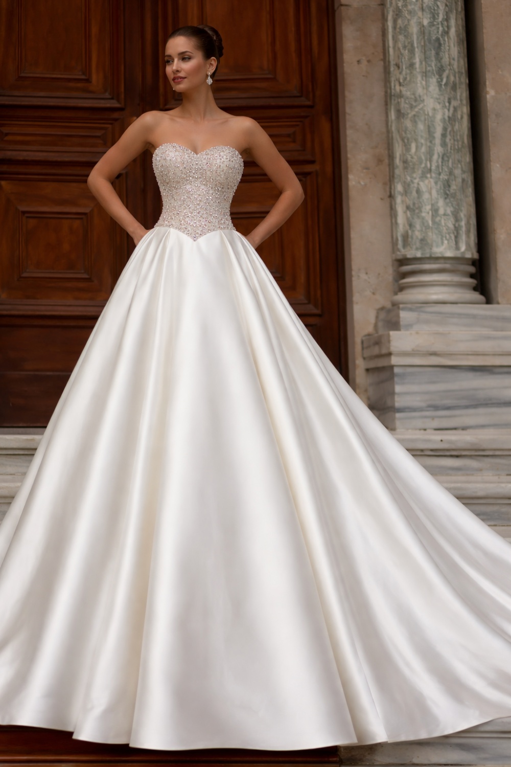 Vintage Strapless Long Satin A-line Wedding Dress with Beaded