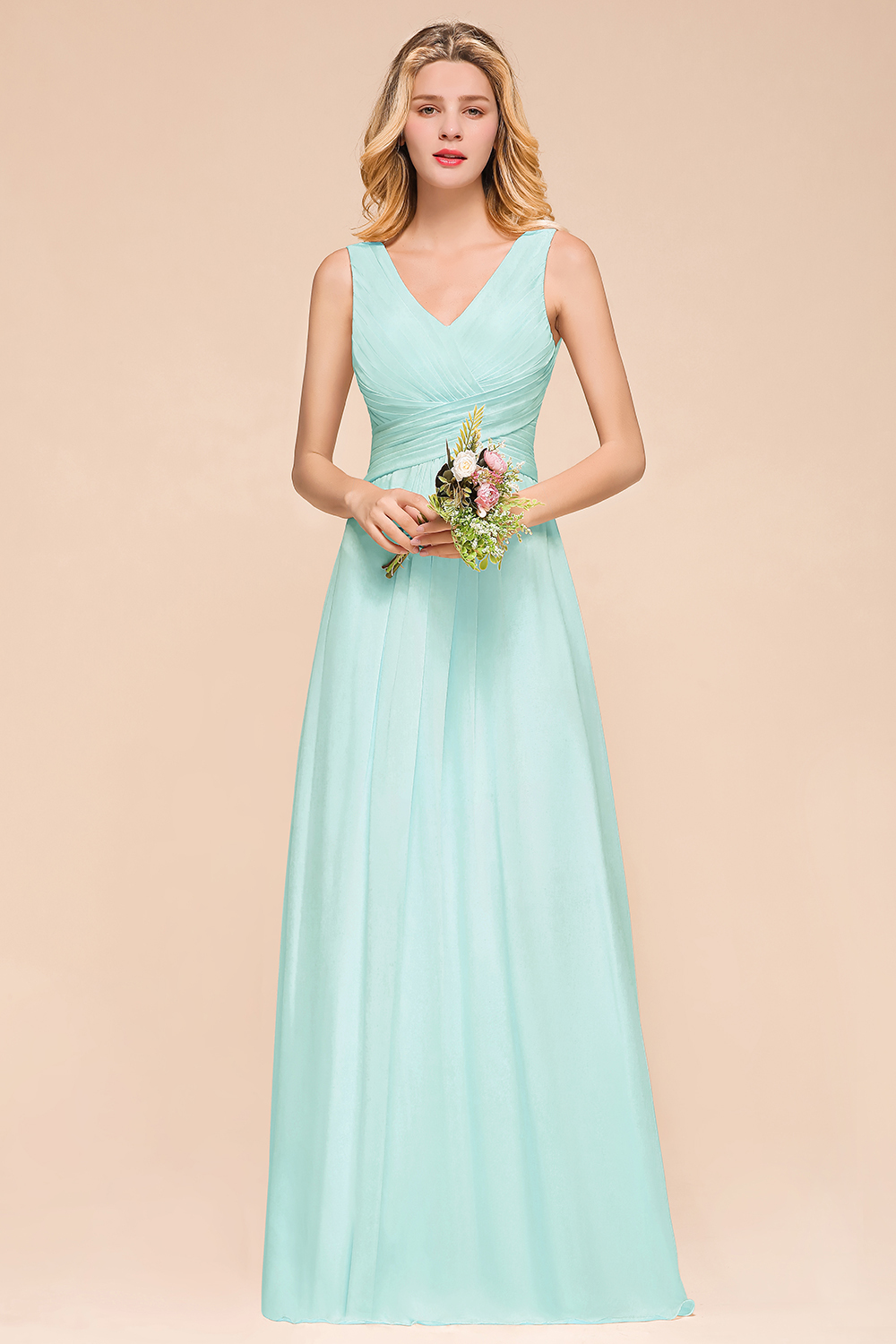 Vintage V-neck Wide Straps A-line Backless Ruched Chiffon Bridesmaid Dresses