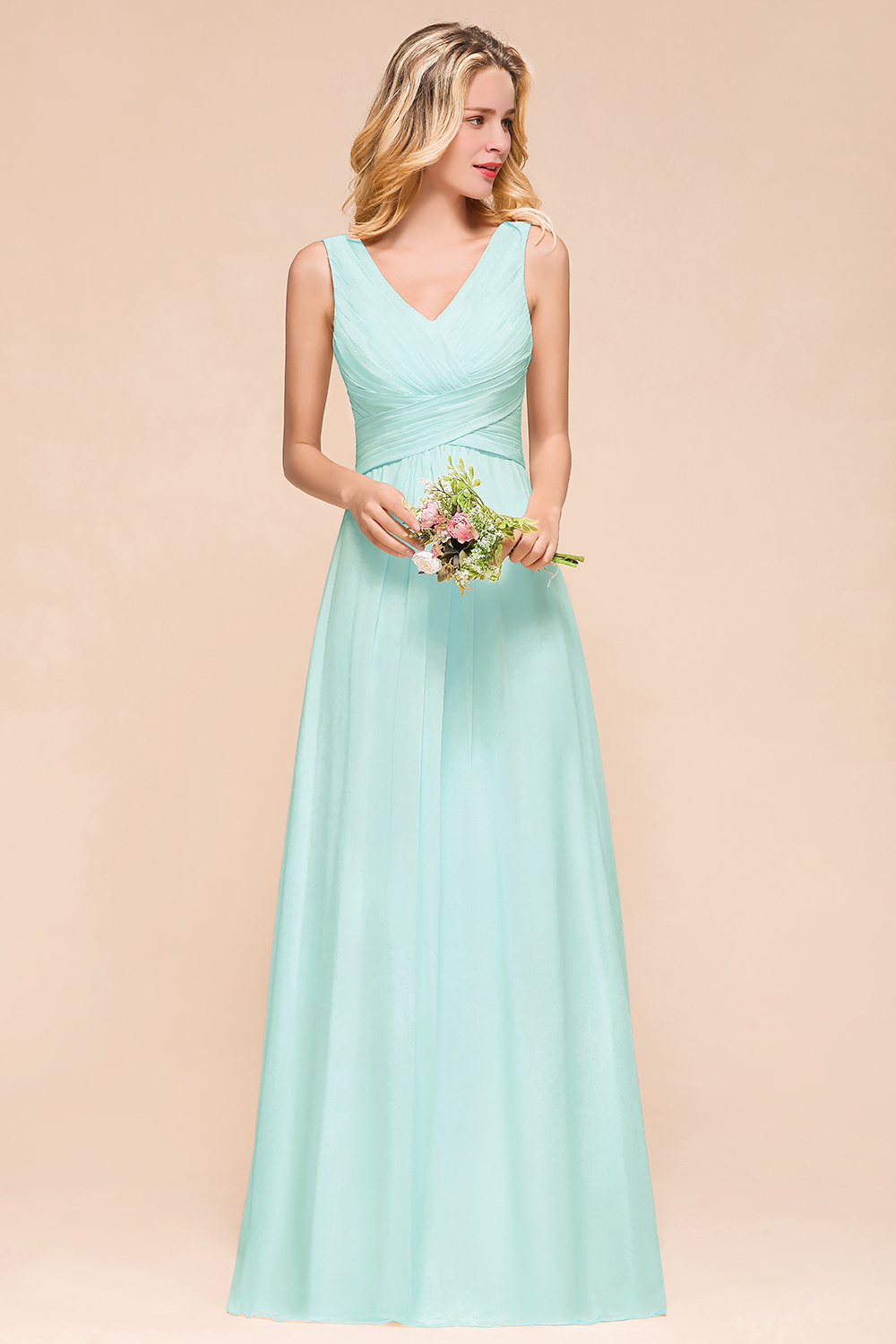 Vintage V-neck Wide Straps A-line Backless Ruched Chiffon Bridesmaid Dresses