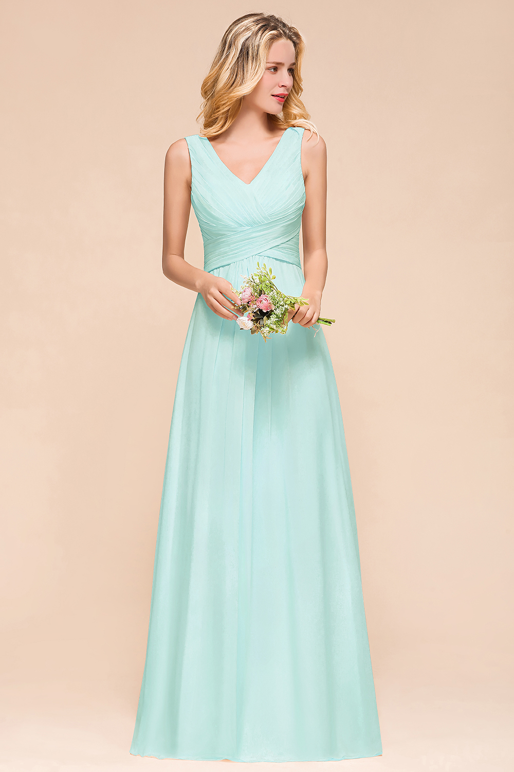 Vintage V-neck Wide Straps A-line Backless Ruched Chiffon Bridesmaid Dresses