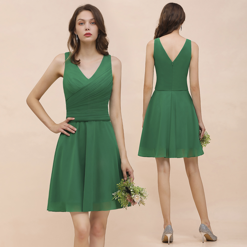 Vintage V-neck Wide Straps A-line Chiffon Short Bridesmaid Dress With Ruched