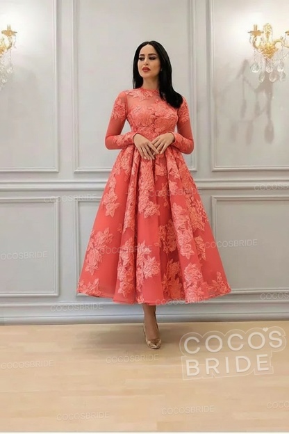 Elegant Short A-line High Neck Lace Ankle Length Formal Evening Dress with Sleeves