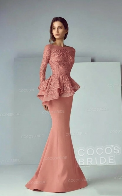 Modest Long Mermaid Lace Satin Formal Prom Dresses with Sleeves