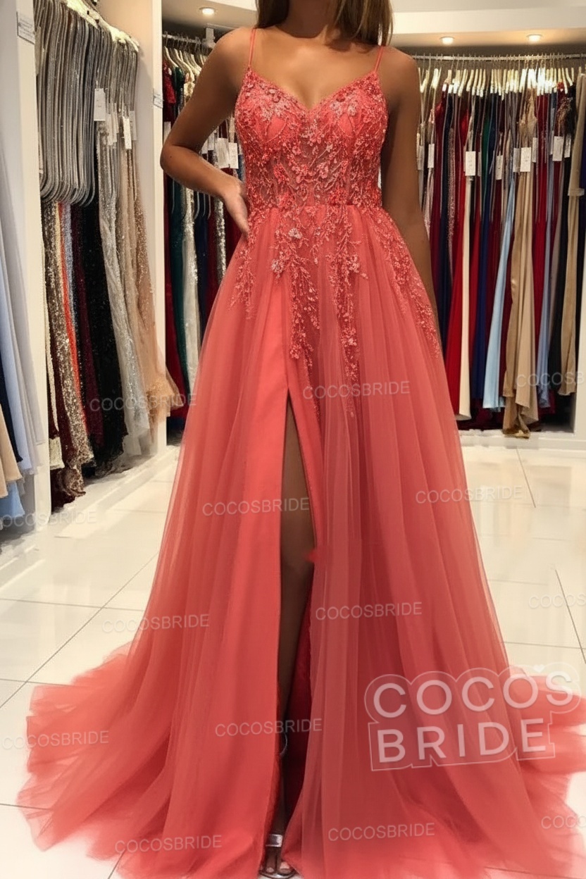 Long A-line V-neck Spaghetti Straps Open Back Prom Dress with Slit