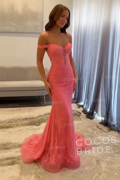 Dark Navy Long Mermaid Off the Shoulder Lace Prom Dress