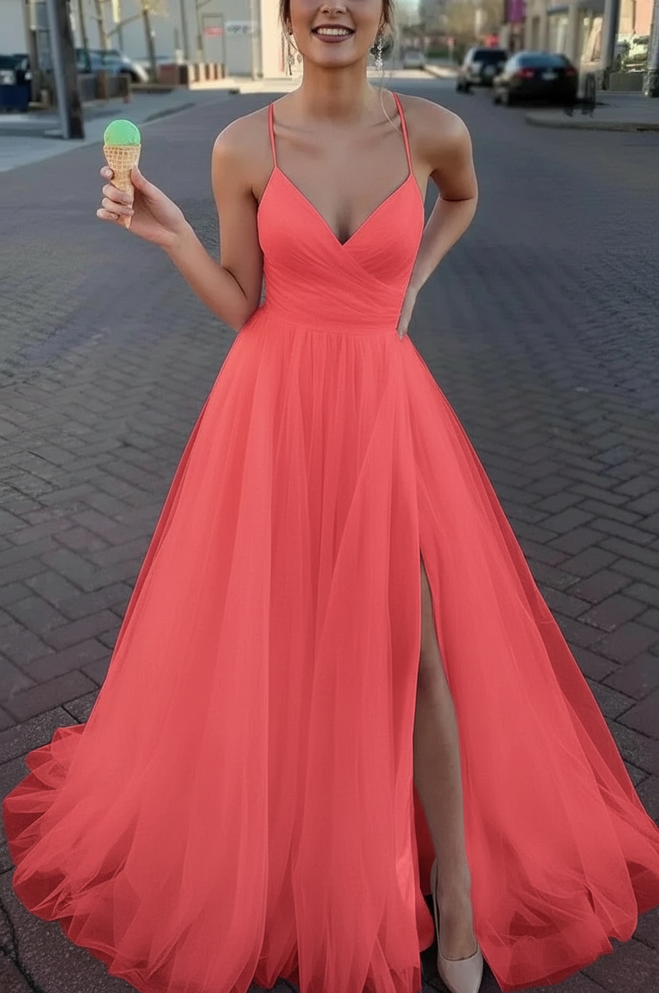 Long Spaghetti Straps V-neck A-Line Tulle Prom Dress With Side Slit