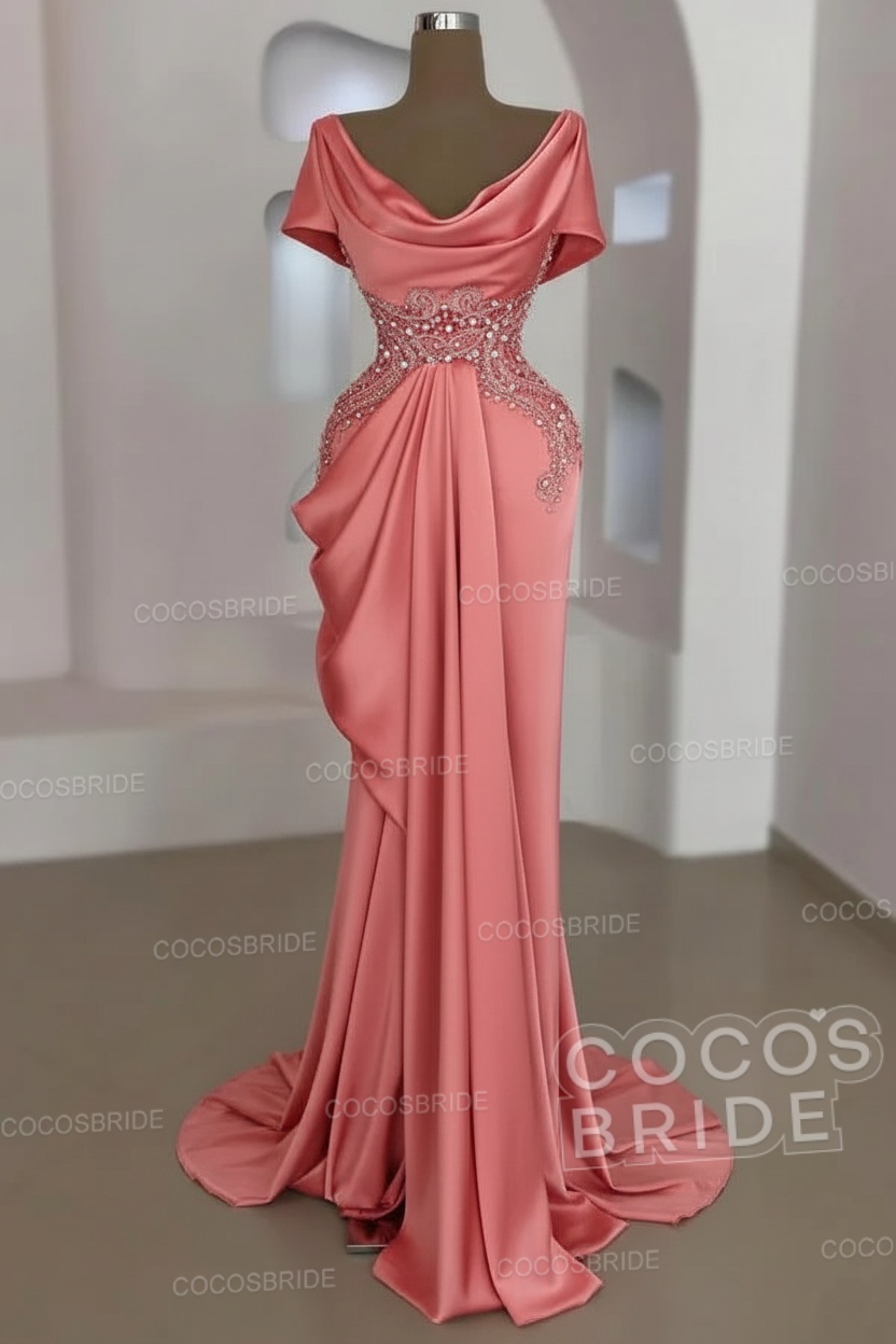 Mermaid Cowl Neck Satin Long Prom Dresses with Short Sleeves