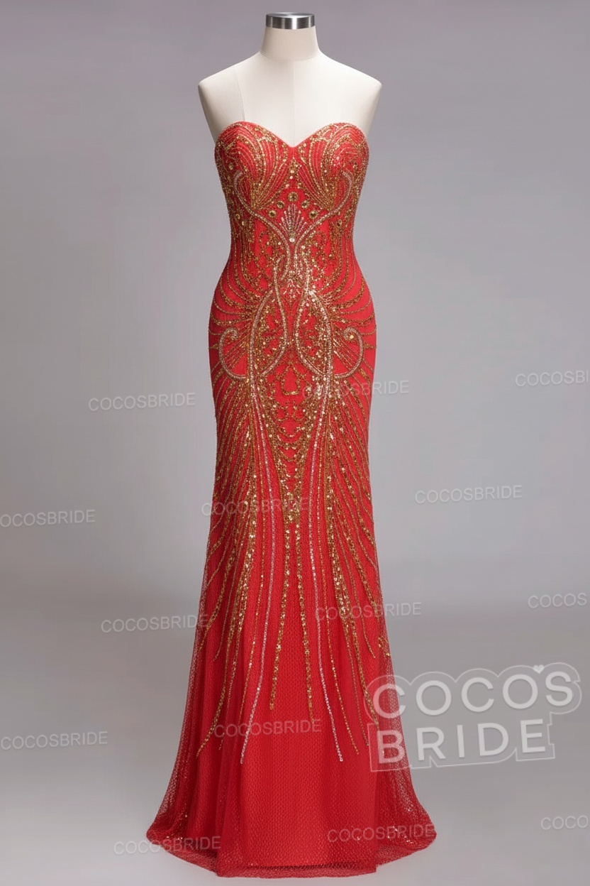 Mermaid Strapless Sweetheart Long Sequined Formal Evening Dresses with Beads