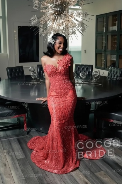 One Shoulder Sleeveless Mermaid Prom Dress with Beaded