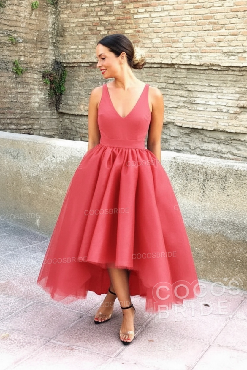 Simple Black V-neck Sleeveless Asymmetrical A-Line Prom Dresses