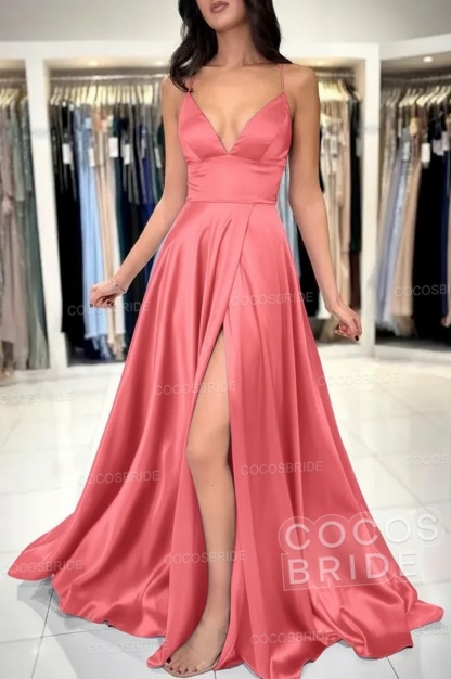 Simple Long A-line V-neck Satin Backless Formal Prom Dresses with Slit
