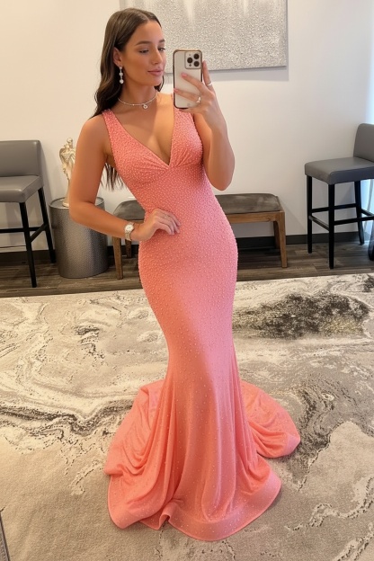Orange Long Mermaid V neck Sequin Backless Prom Dress