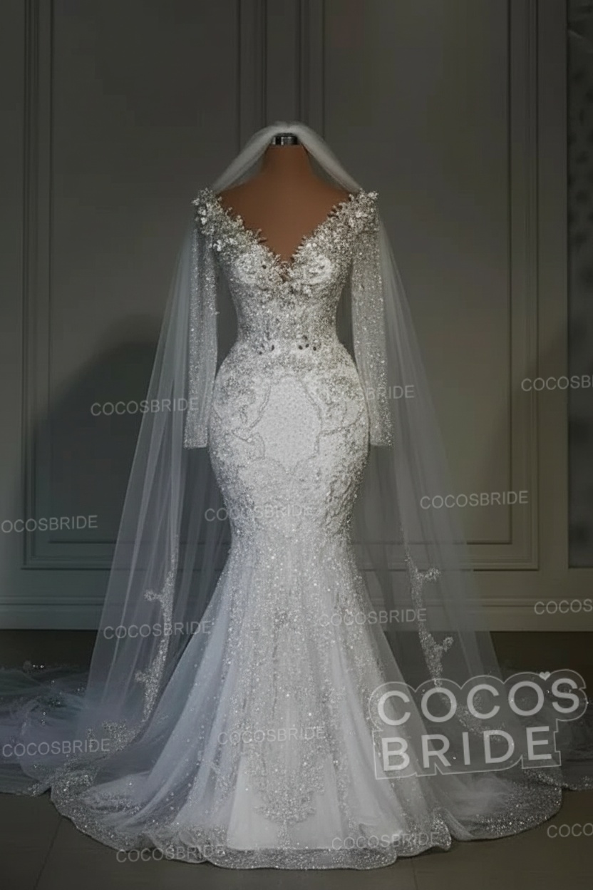 Luxury Long Mermaid Sweetheart Sequined Wedding Dresses with Sleeves