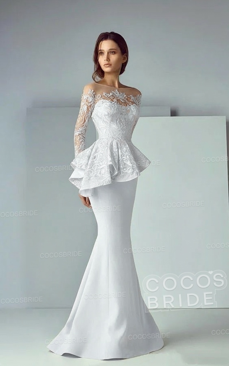 Modest Long Mermaid Lace Satin Formal Prom Dresses with Sleeves