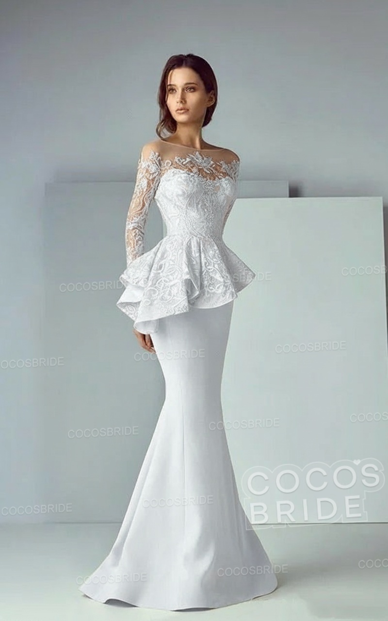 Modest Long Mermaid Lace Satin Formal Prom Dresses with Sleeves