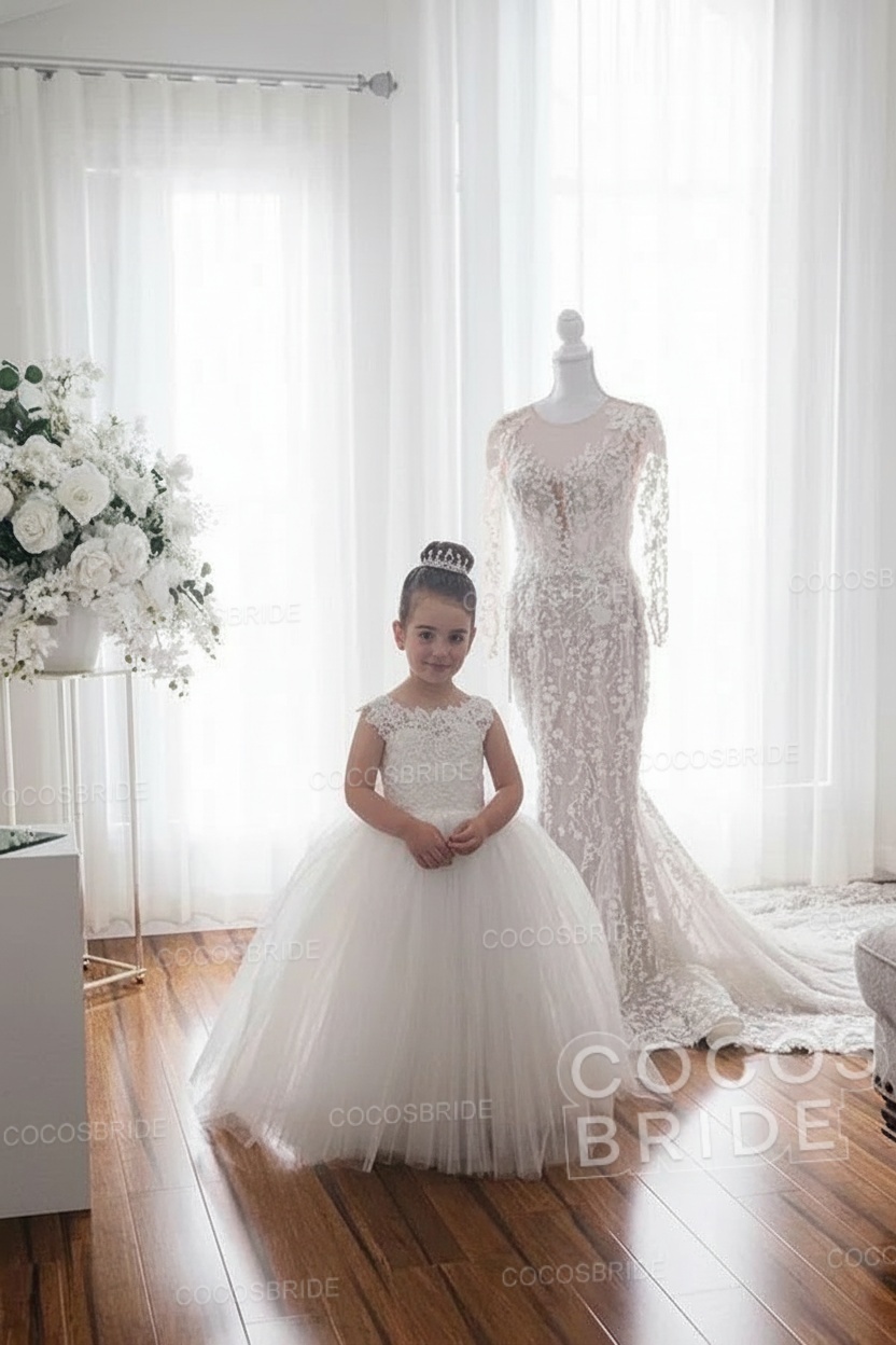 Cute Tulle Ivory Sleeveless Ball Gown Flower Girl Dresses