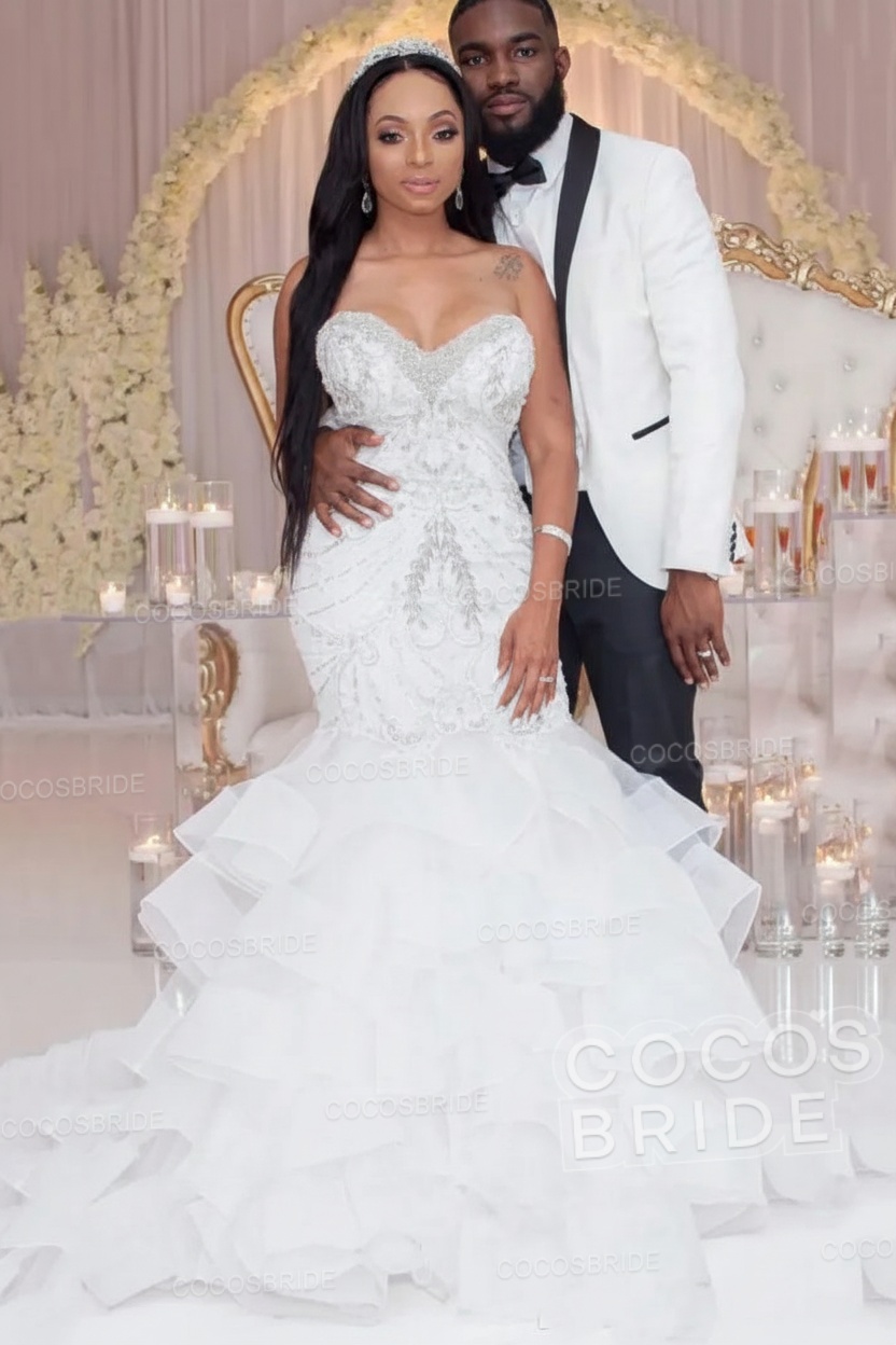 Luxury Long Strapless Ruffles Beaded Mermaid Wedding Dress