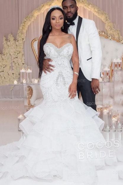 Luxury Long Strapless Ruffles Beaded Mermaid Wedding Dress