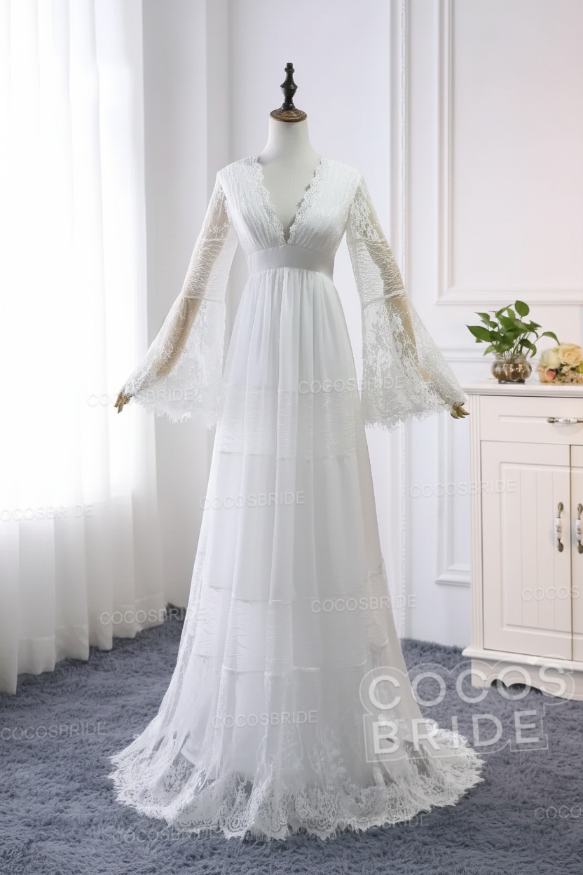 Elegant Long Sleeves A-line V-Neck Tulle Wedding Dresses