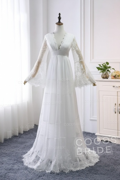 Elegant Long Sleeves A-line V-Neck Tulle Wedding Dresses