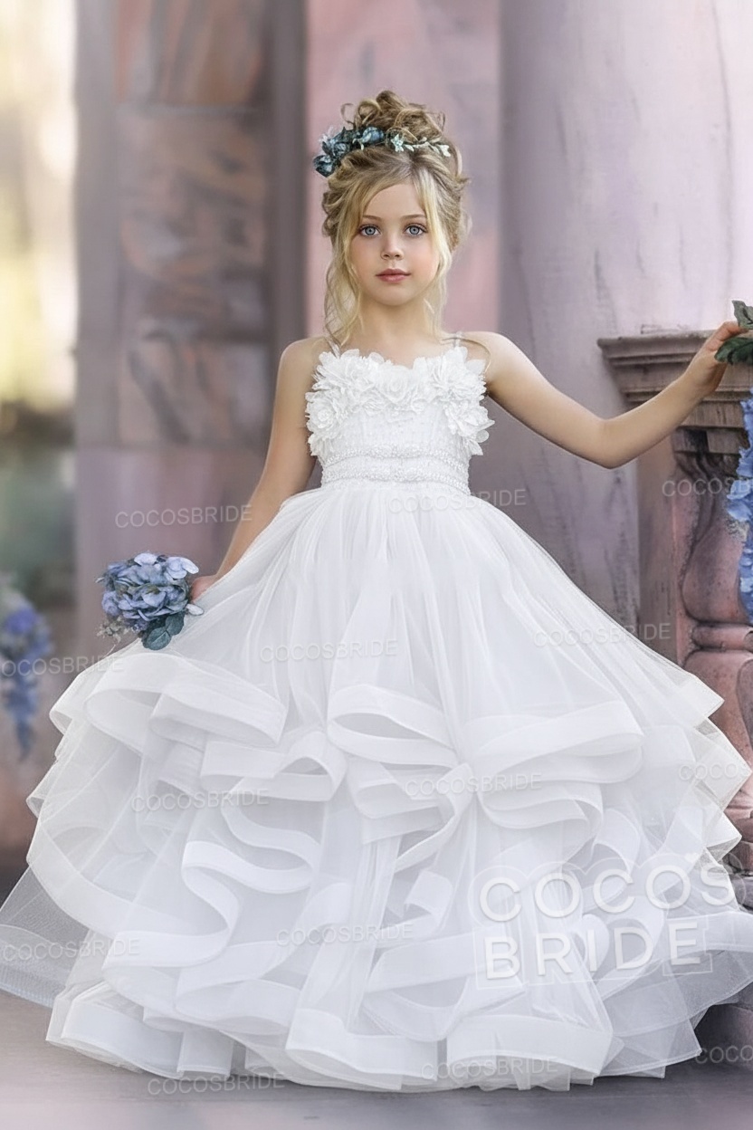 Cute Dusty Blue Long Spaghetti Straps Strapless Tulle Princess Flower Girl Dresses