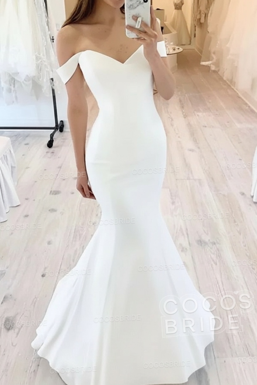 Long Mermaid Off the Shoulder Floor Length Satin White Wedding Dresses