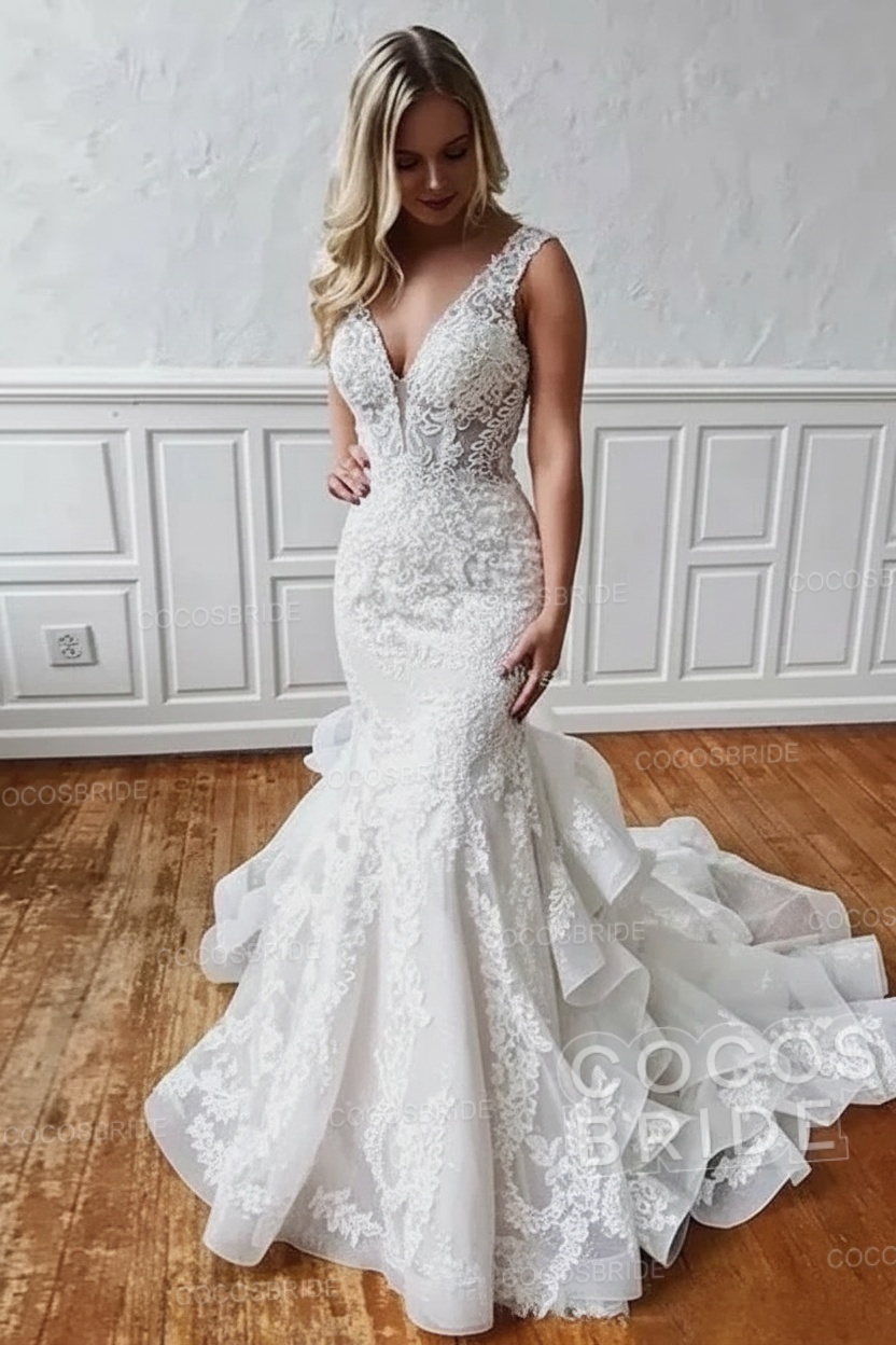 Long V Neck Sleeveless Backless Covered Button Mermaid Wedding Dresses