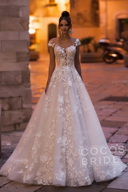 Elegant A-Line Bateau Appliques Lace Backless Floor Length Sequins Wedding Dress